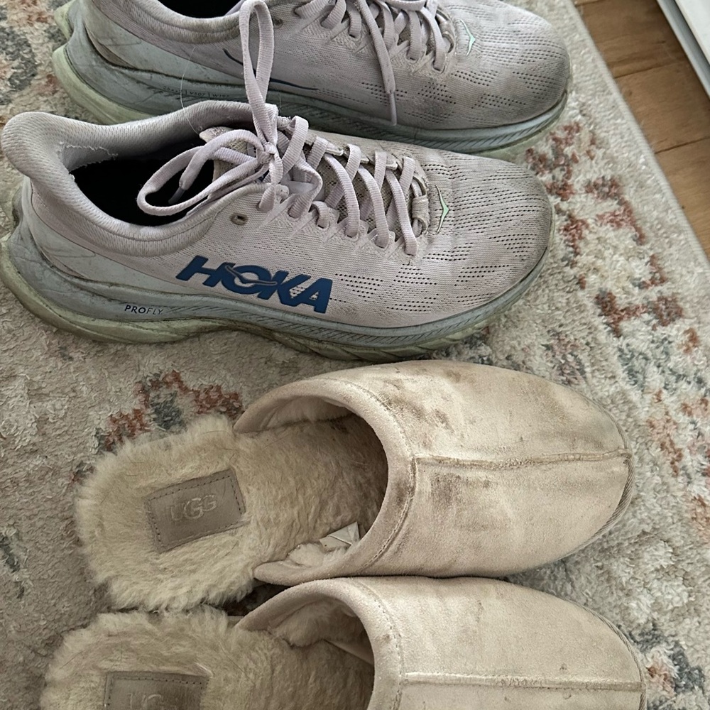 COMBO Hoka Women's Light purple Running Shoes and baby pink/cream Ugg slippers